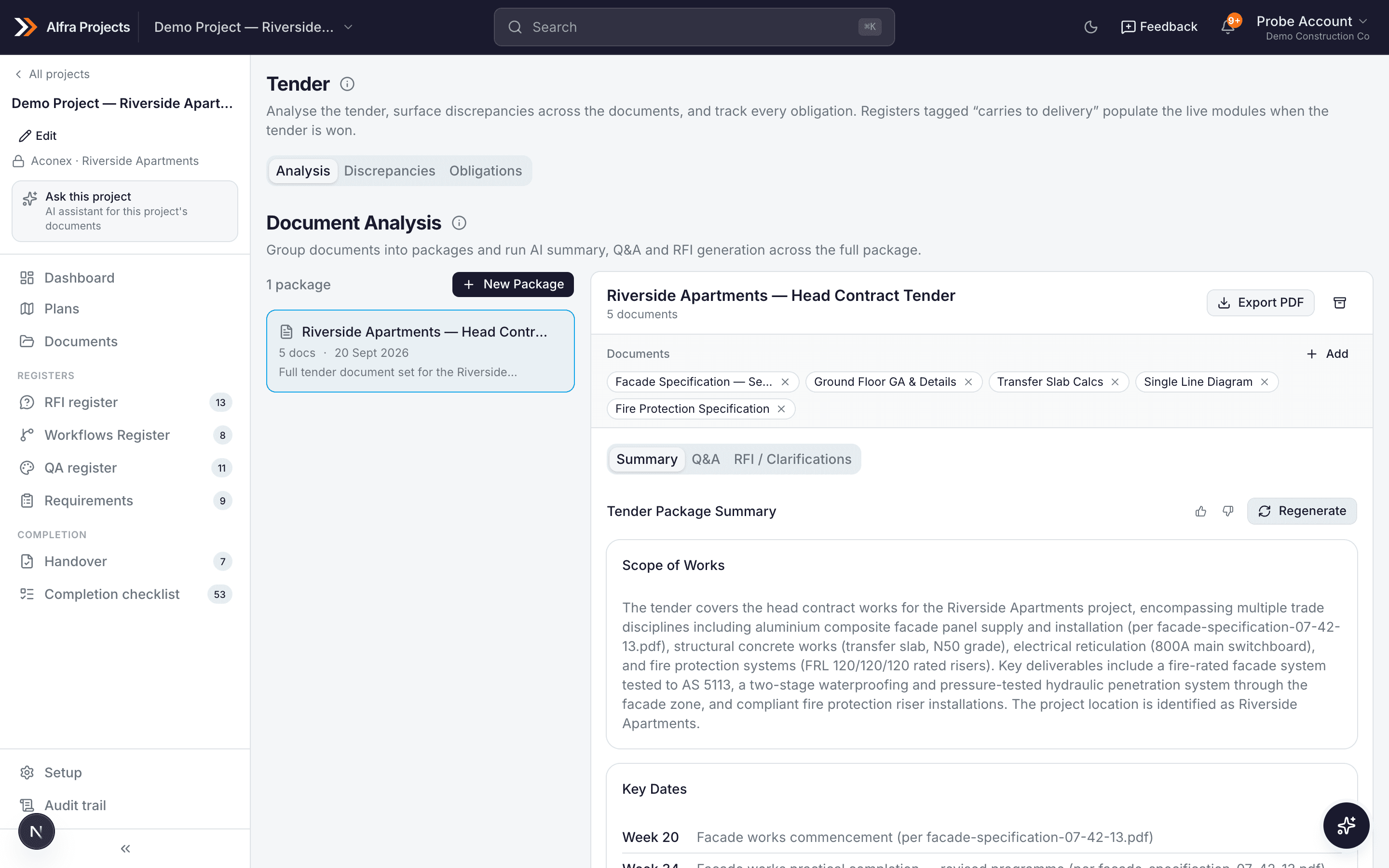 Alfra Projects tender analysis showing native registers extracted from a tender document set